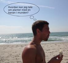 Planteavler med en banan i munden ved vesterhavet. Teksten på billedet er: Hvordan kan jeg tale om planter med en banan i munden?